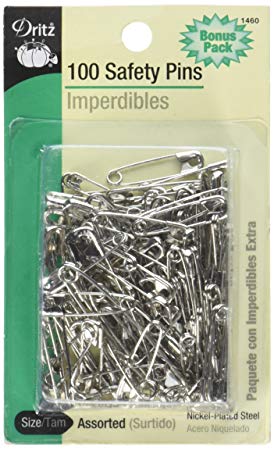 Dritz 1460 Safety Pins, Nickel Plated Steel, Assorted Sizes (100-Count)